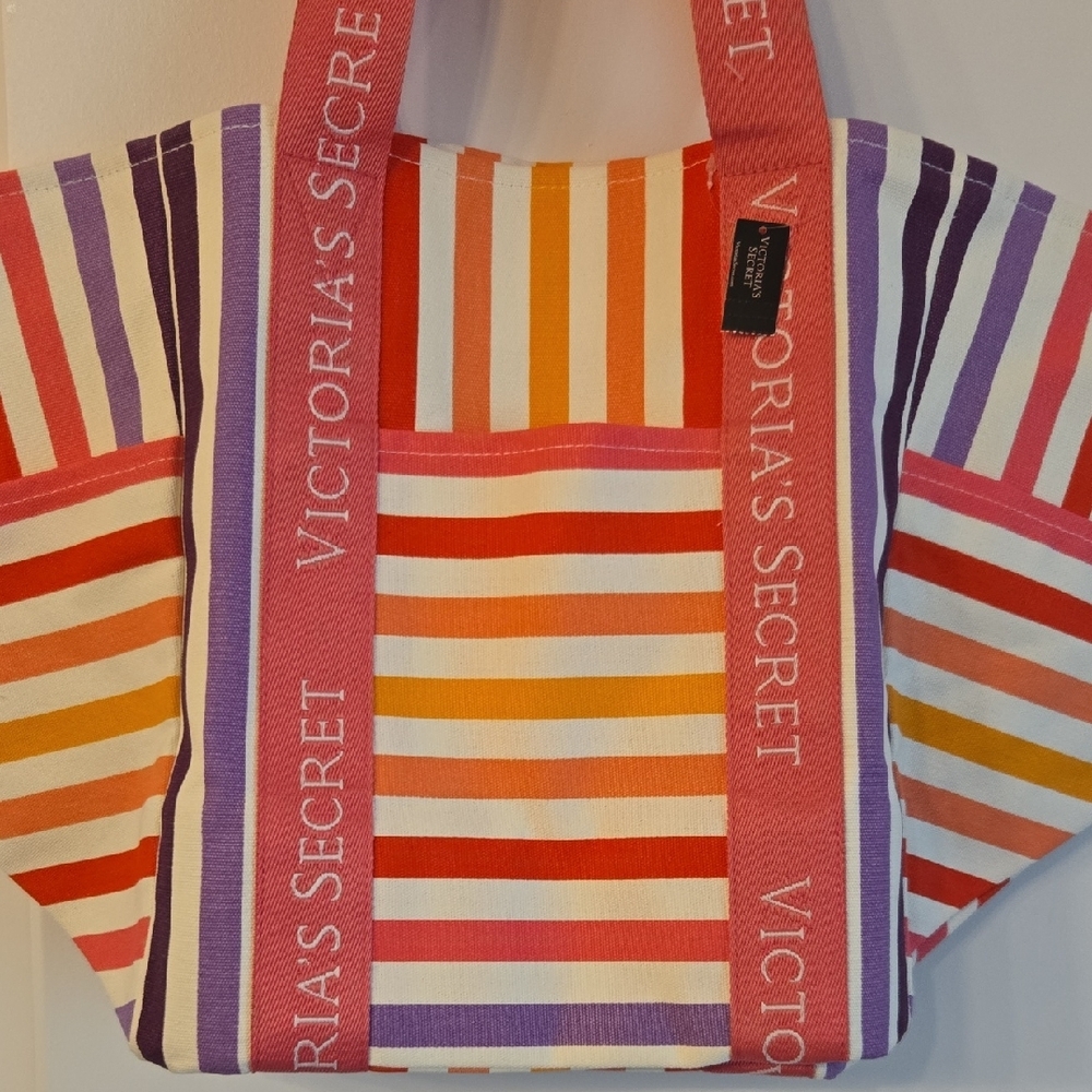Victoria's Secret Red and Pink Tote Bag with Striped Design NWT - Picture 3 of 8